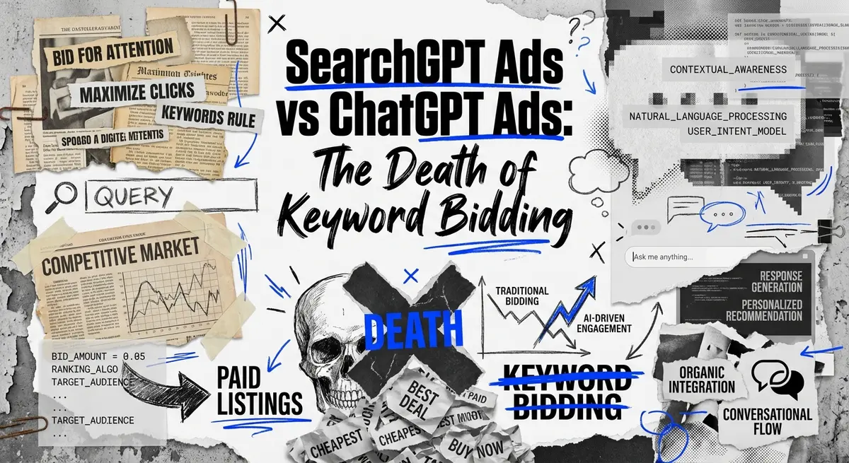 SearchGPT ads vs ChatGPT ads comparison torn paper collage style with electric blue accents