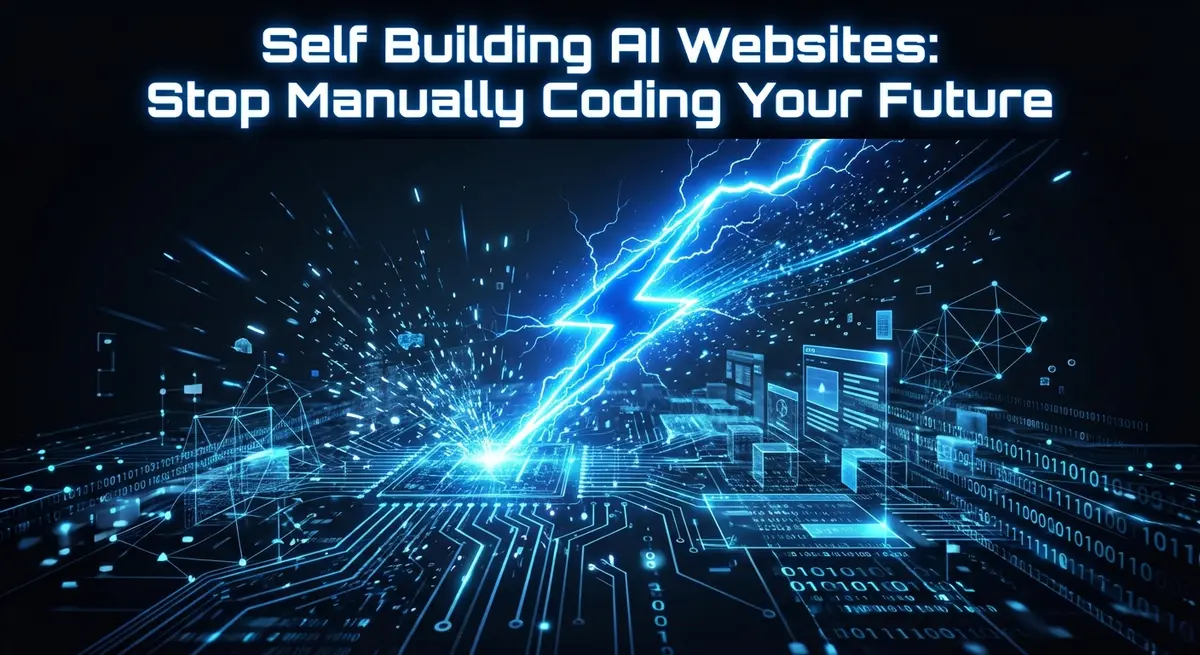 Torn paper collage featuring the title Self Building AI Websites with electric blue accents