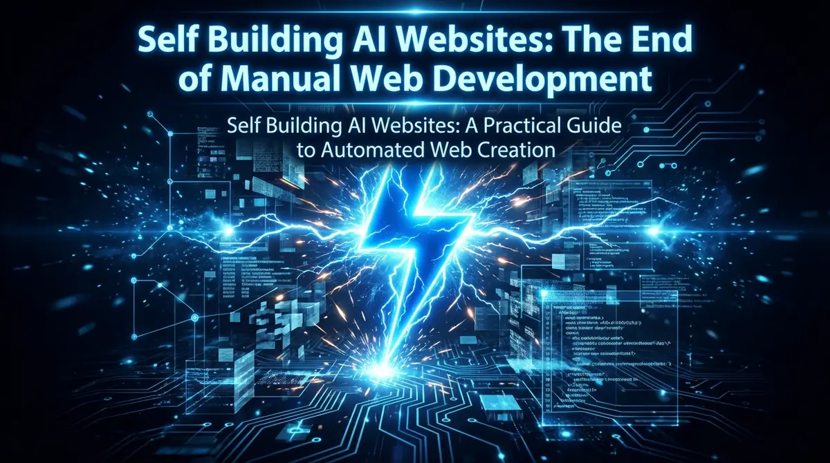 Self building AI websites concept art with torn paper style and blue accents