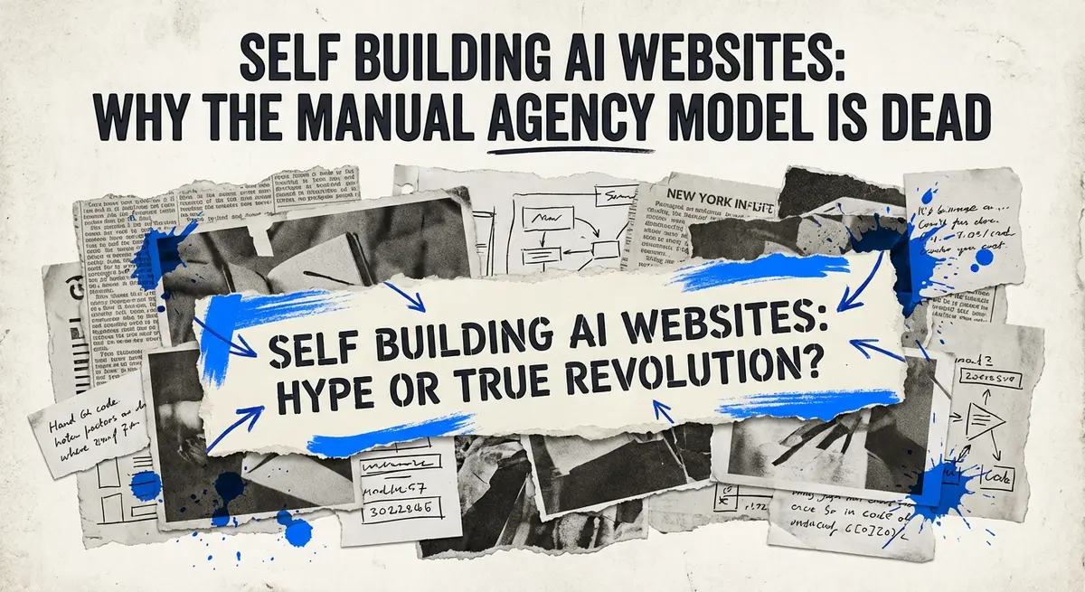 Self Building AI Websites concept art using torn paper style with #0066FF accents
