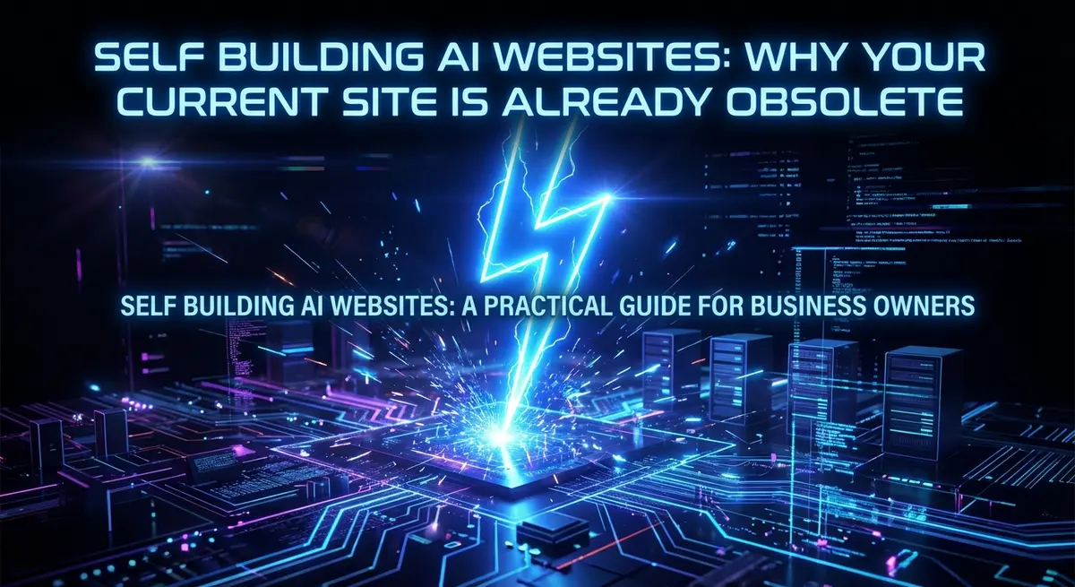 Black and white torn paper collage featuring Self Building AI Websites title with electric blue accents