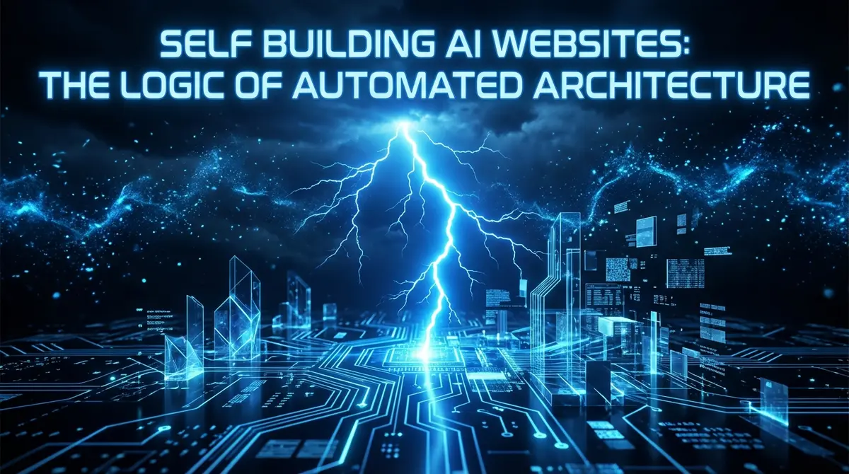 Self building AI websites concept art showing digital fragmentation and reconstruction