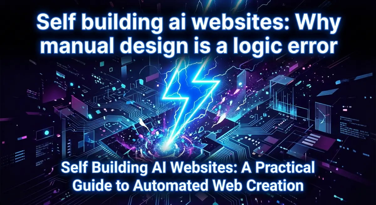 Neo-expressionist painting featuring the text Self Building AI Websites: The Brutal Truth About Autonomy with abstract tech elements and blue accents