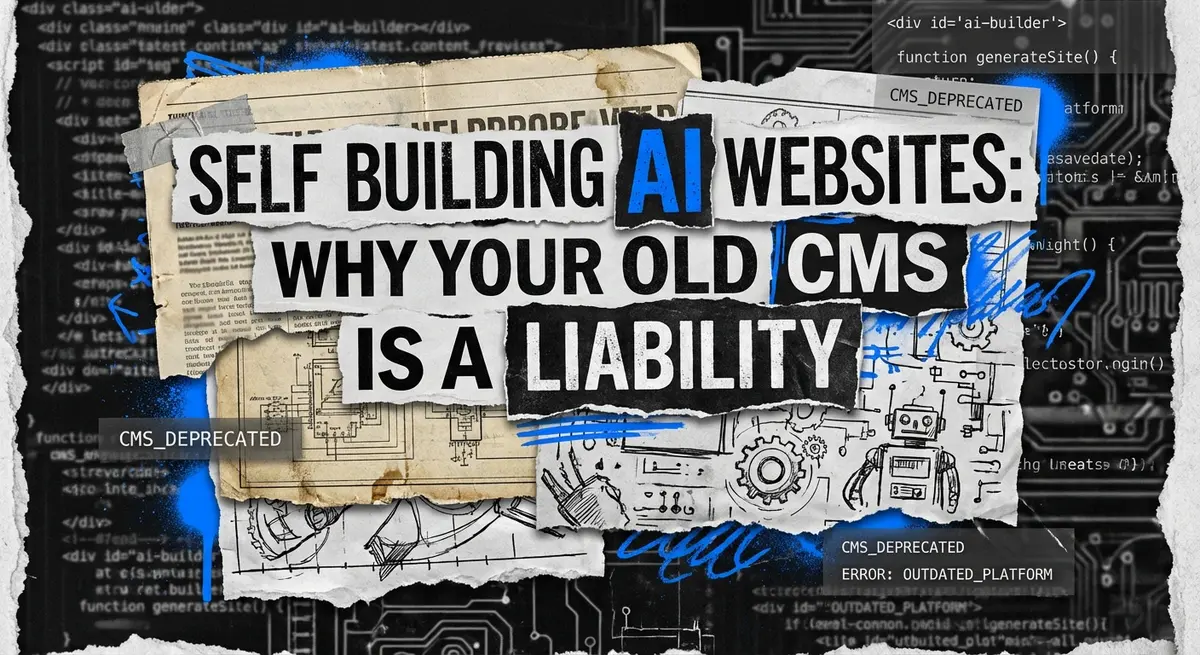 Self building AI websites concept art in torn paper style with electric blue accents