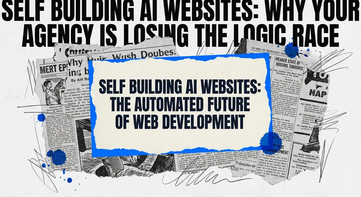 Torn paper collage featuring the title Self Building AI Websites with electric blue accents