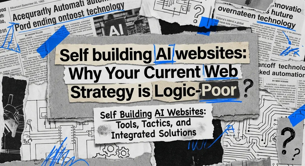 Torn paper collage illustration featuring Self Building AI Websites text with electric blue accents