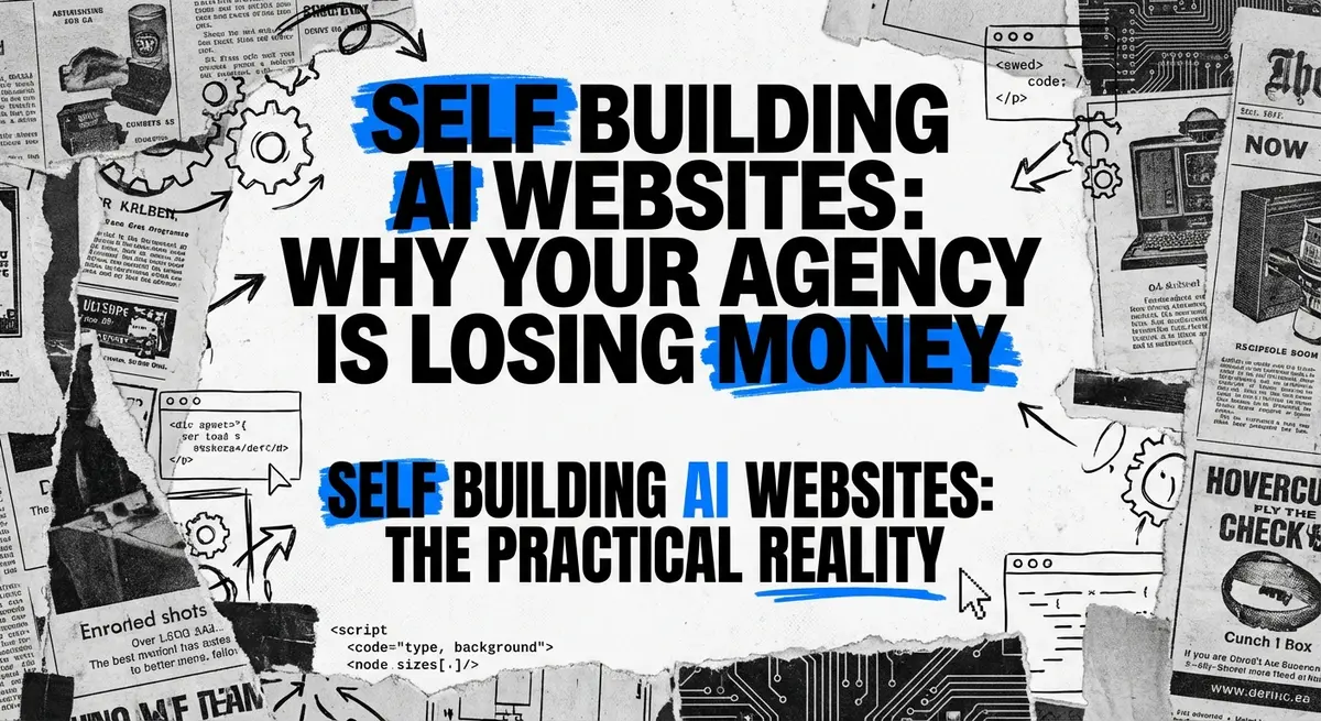 Self building AI websites concept art with torn paper style and electric blue accents
