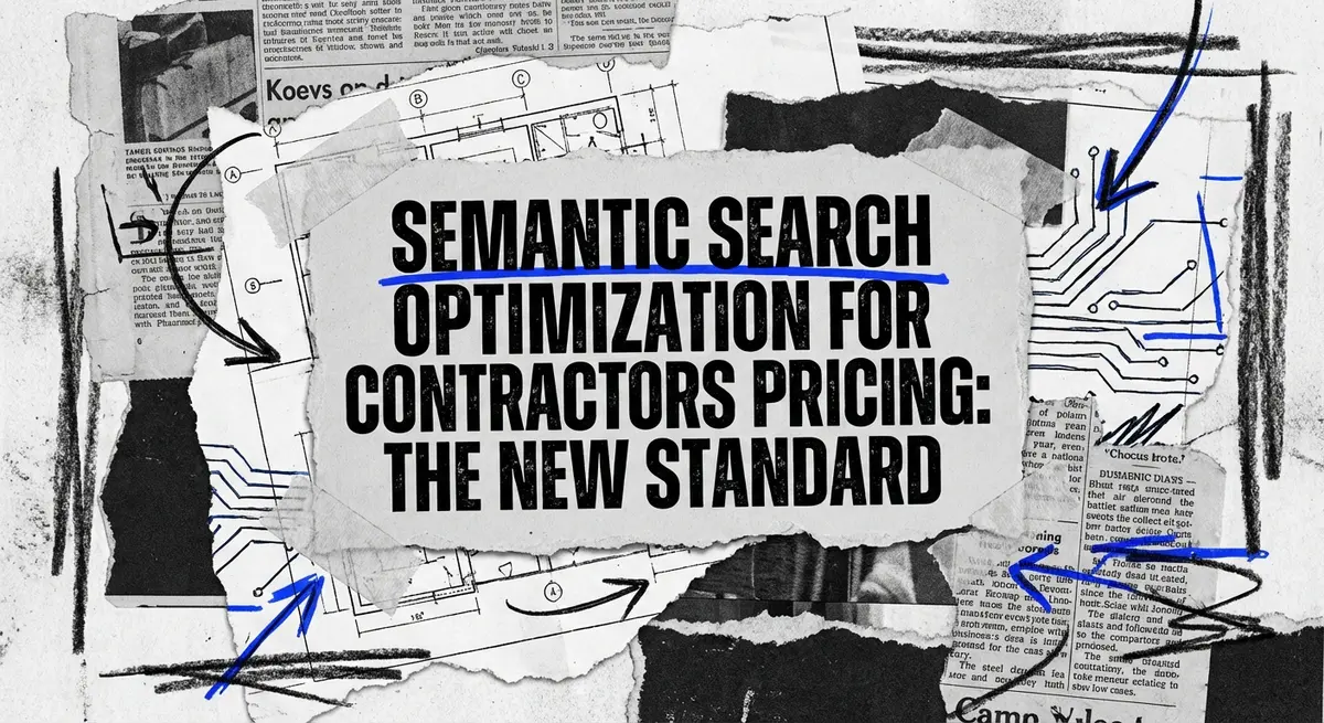 Semantic search optimization for contractors pricing represented as a digital collage with torn paper and electric blue accents
