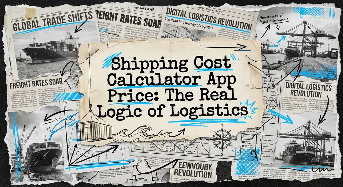 Shipping cost calculator app price analysis showing torn paper collage with electric blue accents
