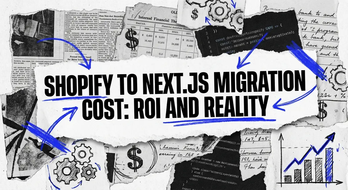 Torn paper collage art representing shopify to nextjs migration cost and roi analysis