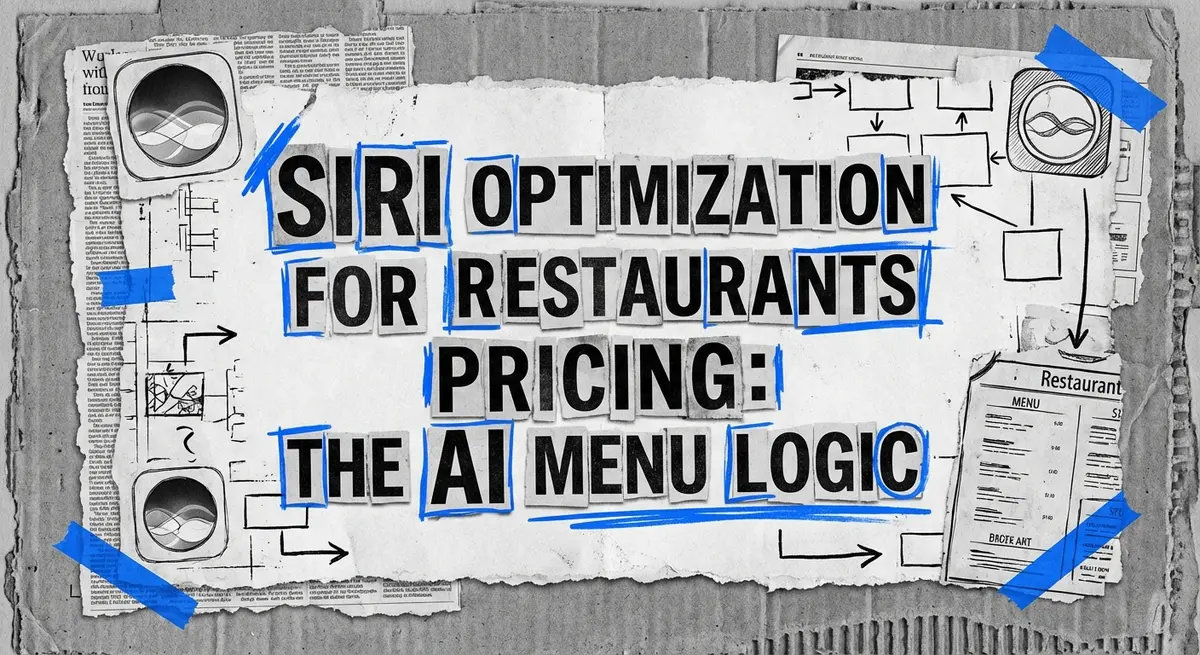 Siri optimization for restaurants pricing concept art with torn paper style and electric blue accents