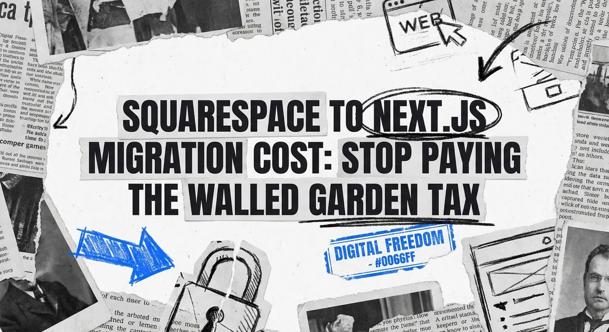 Squarespace to Next.js migration cost comparison art showing a torn paper wall revealing a digital future