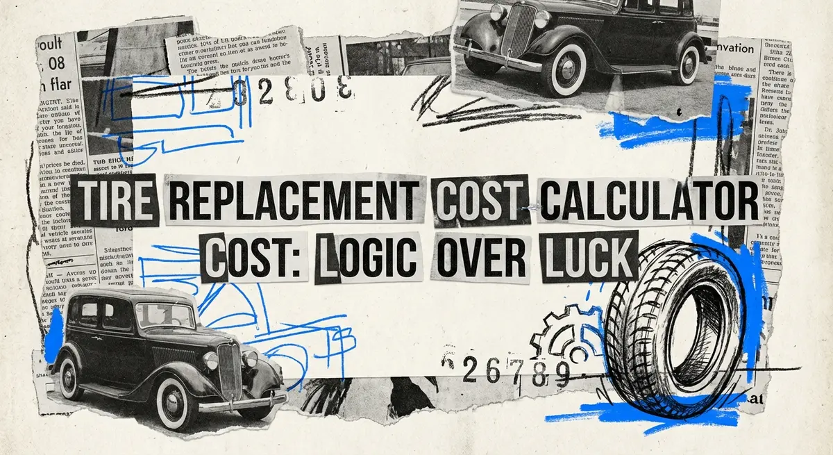 Torn paper collage featuring tire replacement cost calculator cost concepts with electric blue accents