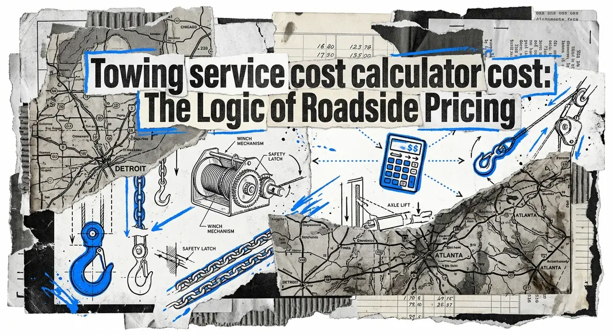 Torn paper collage featuring towing service cost calculator cost concepts with electric blue accents