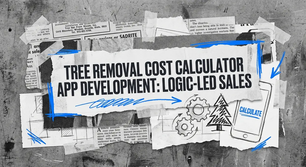 Tree removal cost calculator app development collage with torn paper and electric blue accents