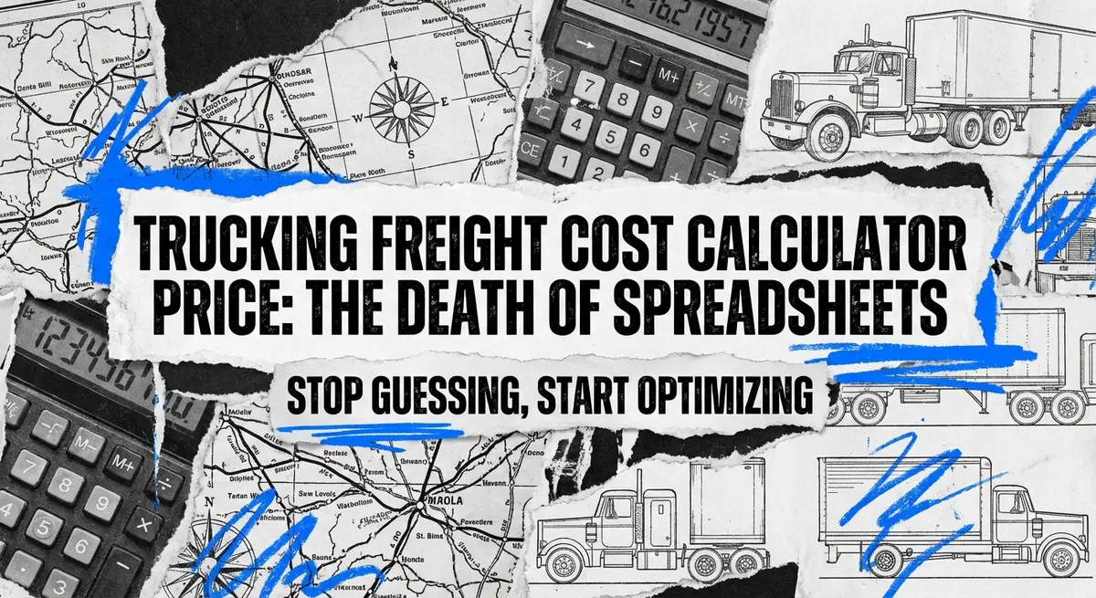 Trucking freight cost calculator price optimization concept with torn paper art and electric blue accents