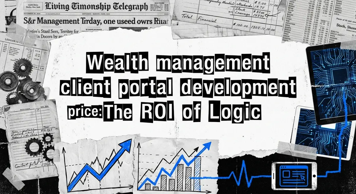 Wealth management client portal development price collage with torn paper and digital accents