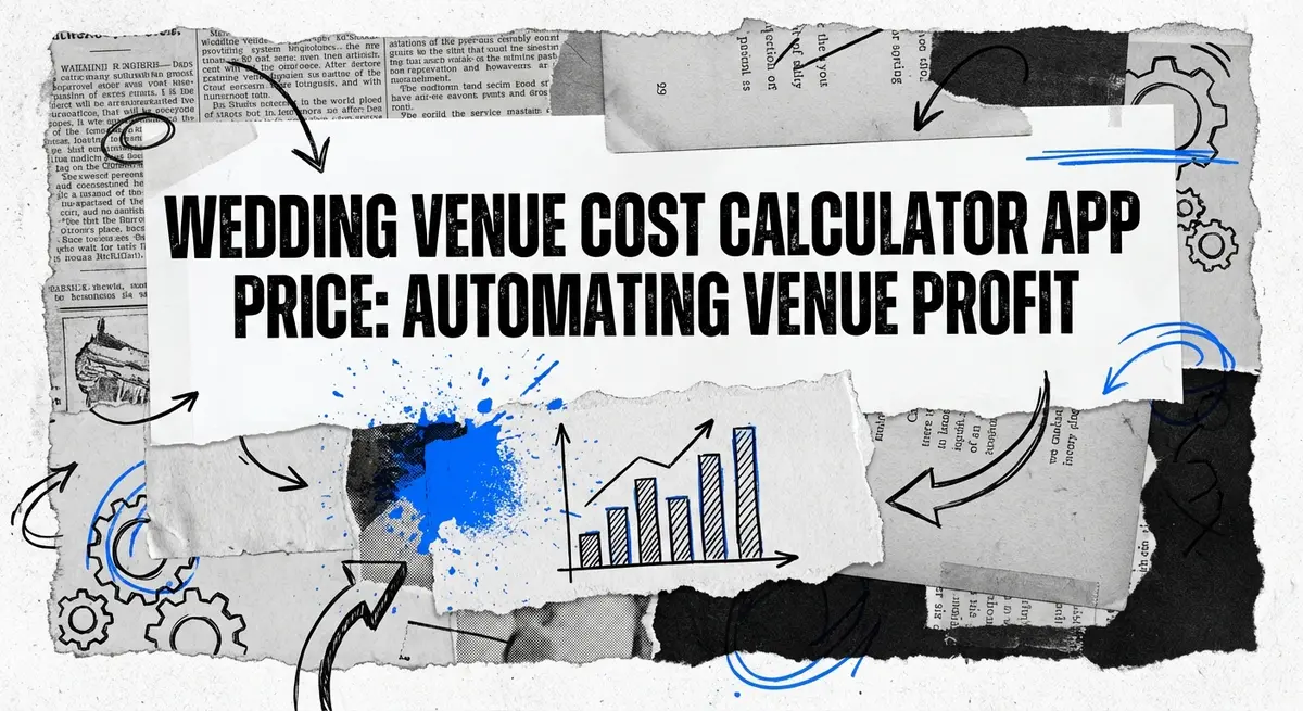 Wedding venue cost calculator app price strategy collage with torn paper and electric blue accents