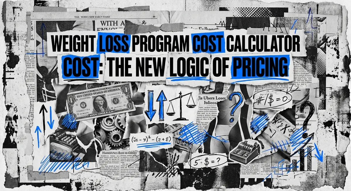 Weight loss program cost calculator cost artistic collage with electric blue accents