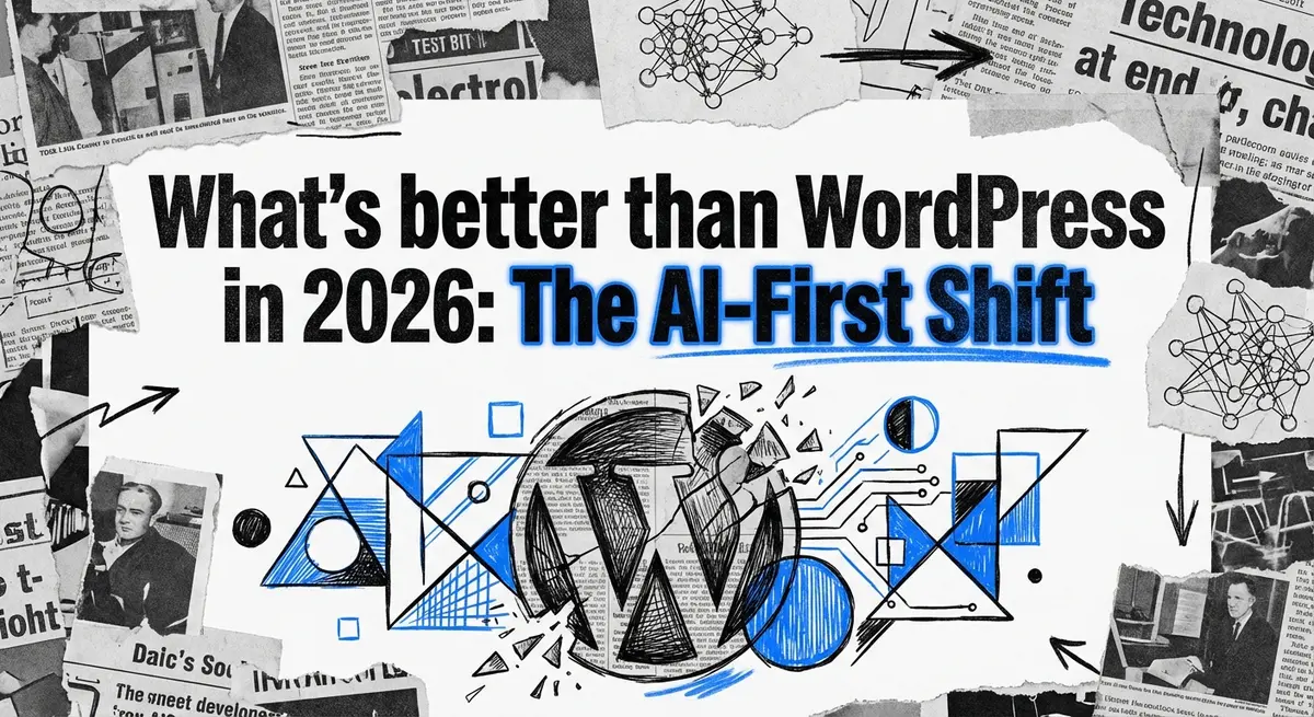 What's better than WordPress in 2026 collage art showing modern platforms replacing old systems