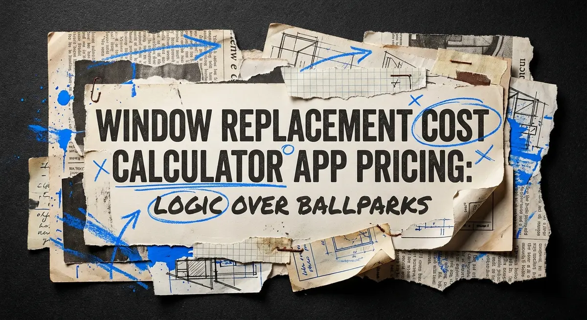 Torn paper collage art featuring Window Replacement Cost Calculator App Pricing text with electric blue accents