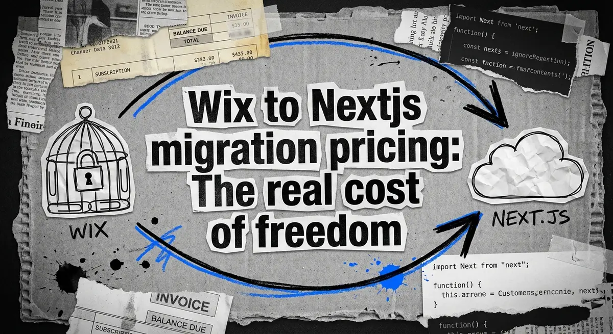 Artistic collage representing wix to nextjs migration pricing with torn bills and code fragments
