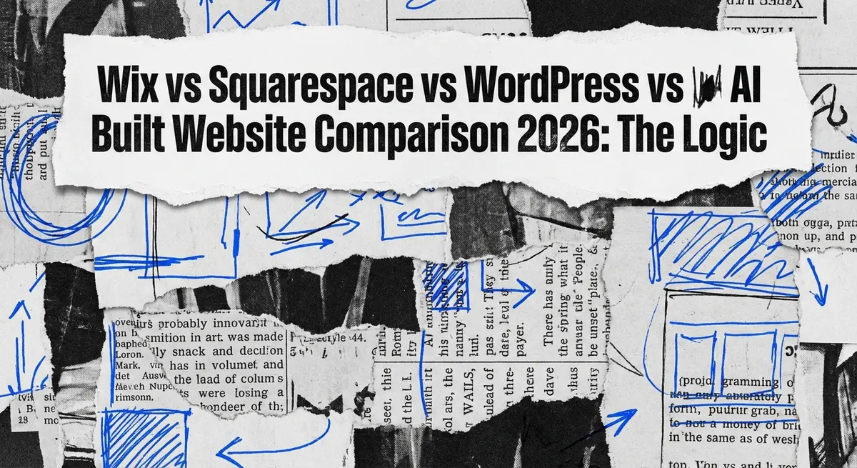 Wix vs Squarespace vs WordPress vs AI Built Website Comparison 2026 torn paper collage art