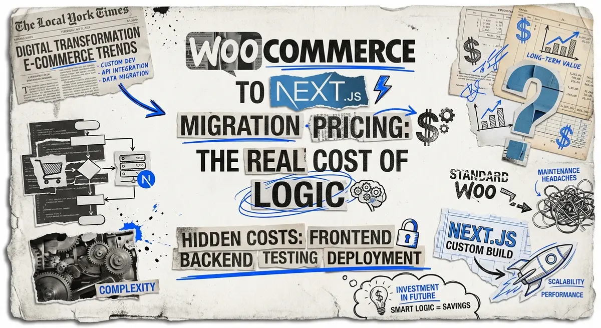 WooCommerce to Next.js Migration Pricing art collage with torn paper and blue accents