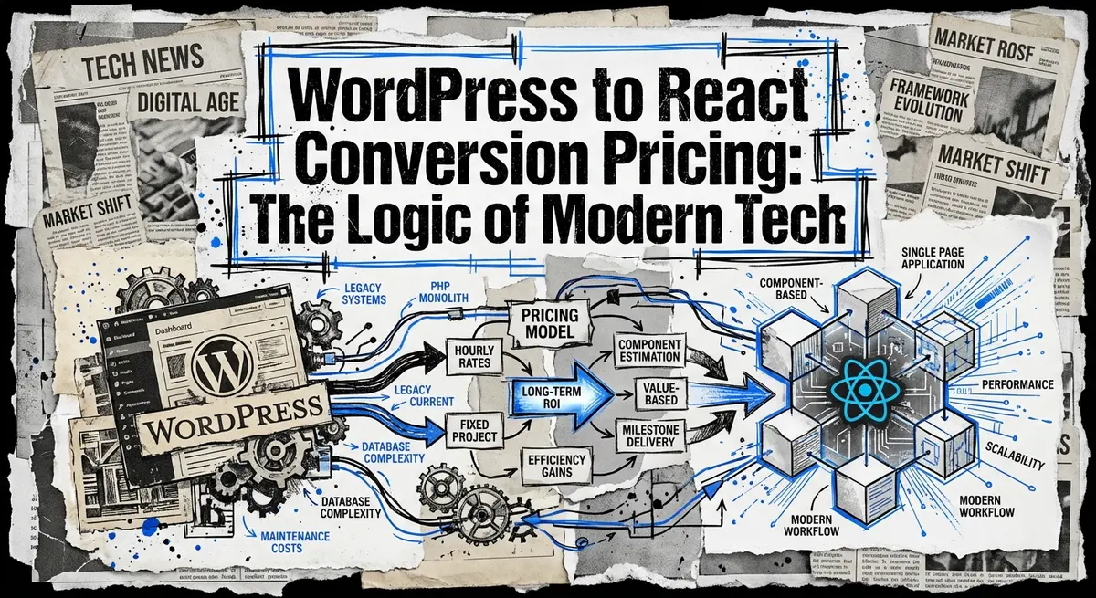 Torn paper collage illustration showing wordpress to react conversion pricing concepts with #0066FF blue accents