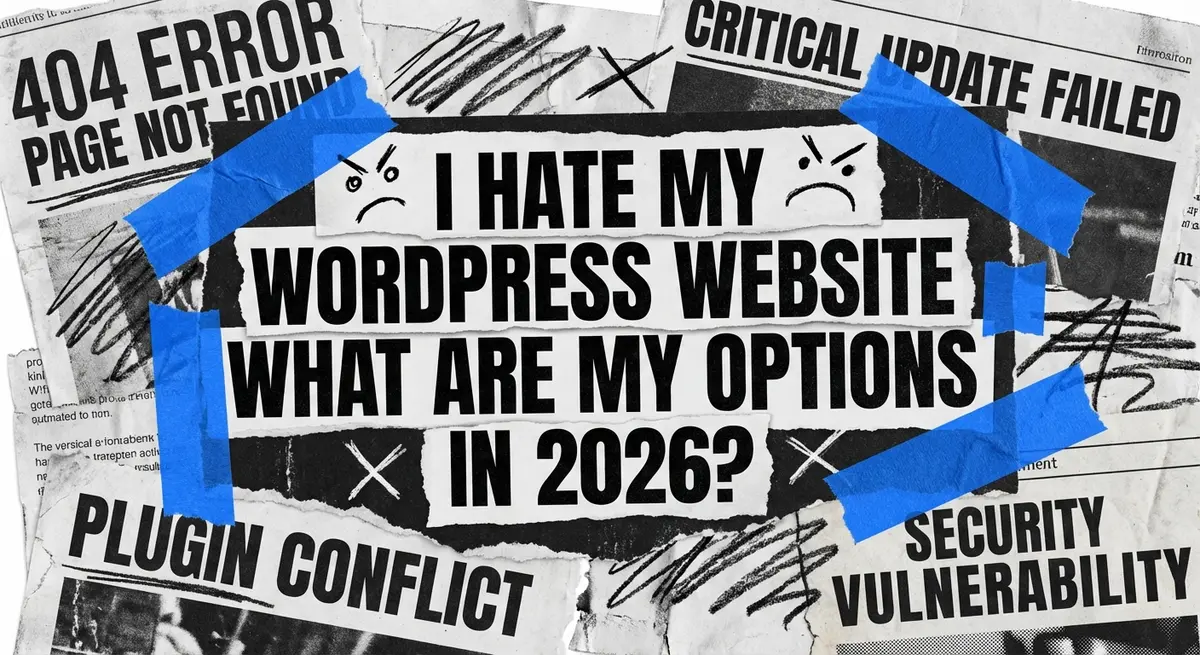 I Hate My WordPress Website What Are My Options Today collage art with torn paper and electric blue accents