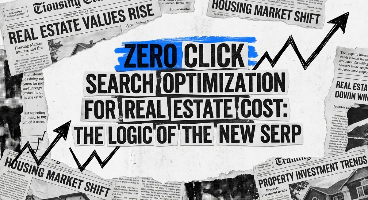 Zero click search optimization for real estate cost collage with torn paper and electric blue accents
